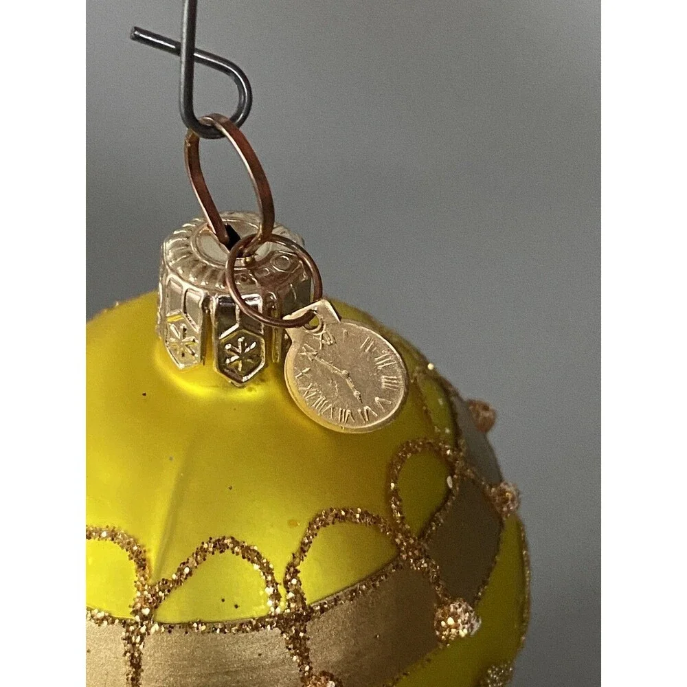 Poland Glass Christmas Ornament Lime Green Gold Glitter Clock Charm Holiday Tree
